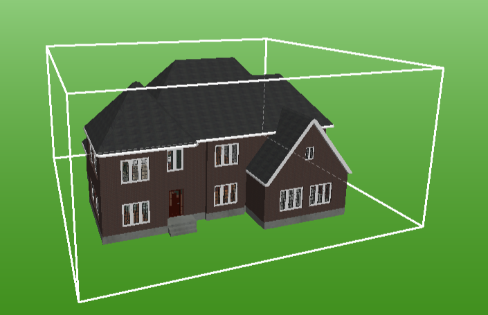 3d iModel of a red brick house over a green background with a white bounding box illustrating the model's limits.