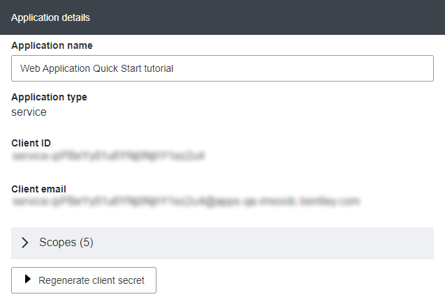 Application details with "Regenerate client secret" button