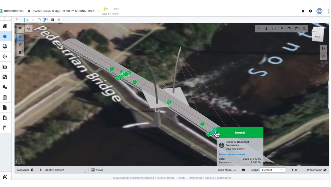 Example 1 - An iTwin of a bridge with IoT sensors that monitor structural integrity, detect vibrations and trigger maintenance alerts in real-time.