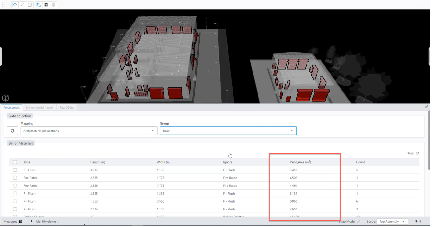 Example 1 – A procurement report of a building iTwin showing the paint area for all doors, helping decide the quantity of paint to order after construction.