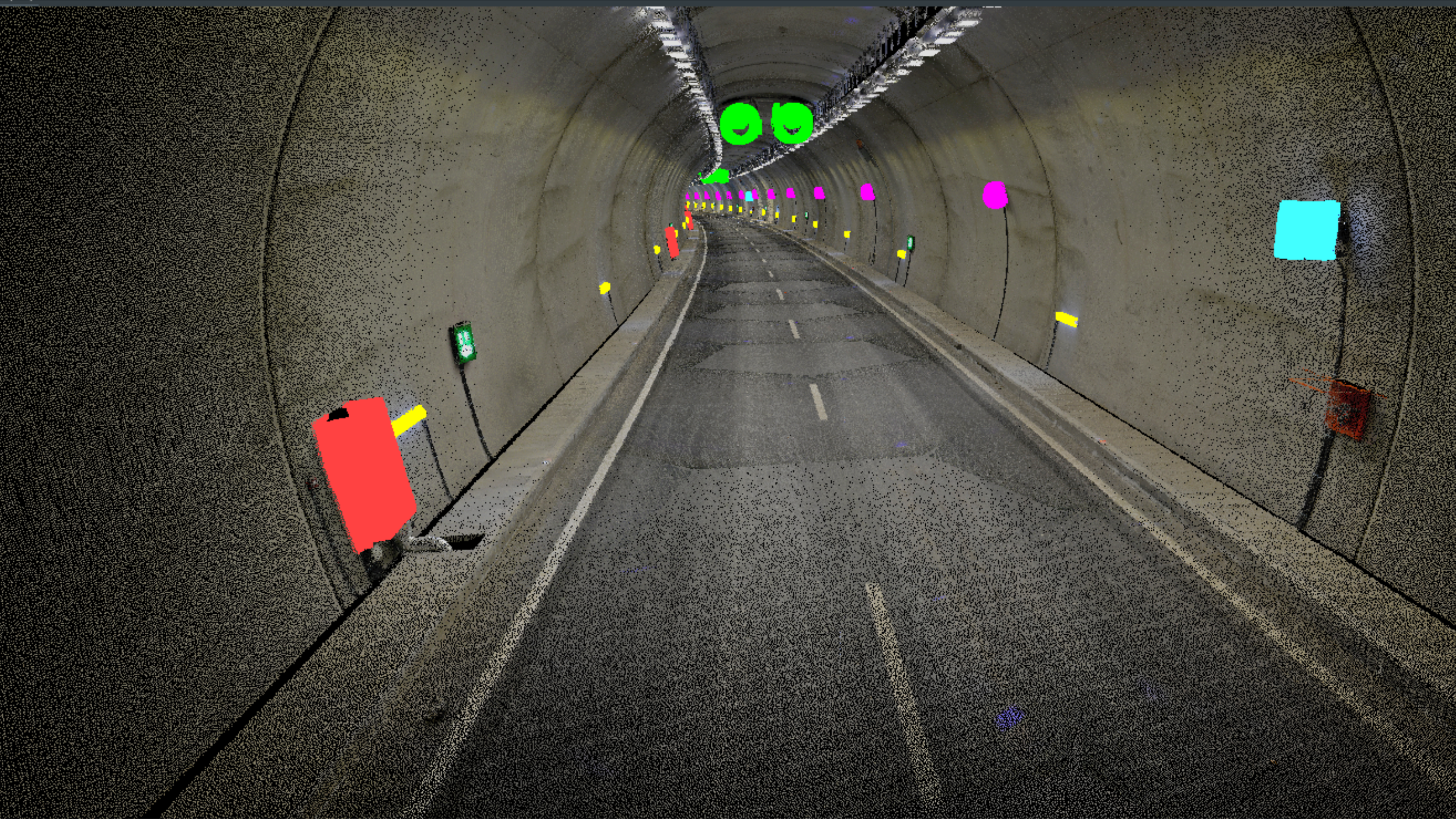 Example 1 – Feature detection to detect components inside a tunnel point cloud. Courtesy of Yunex.