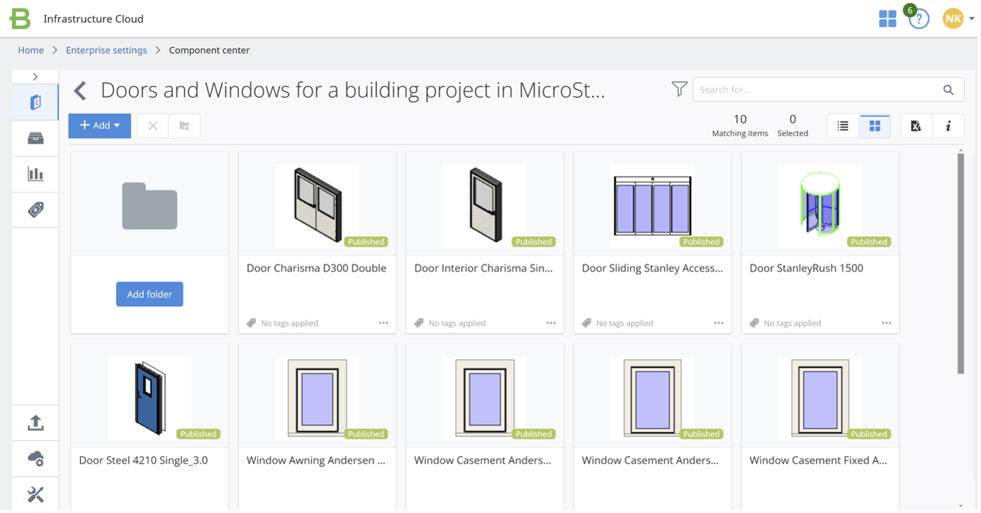 Example 2 – A components folder containing door and window definitions of a building design project.