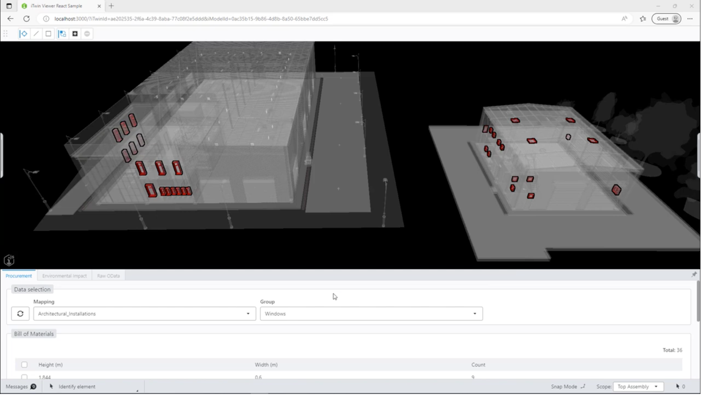 Example 1 – An iTwin combining models from OpenBuildings Designer and AutoCAD, with windows from both buildings grouped into a single accessible definition.